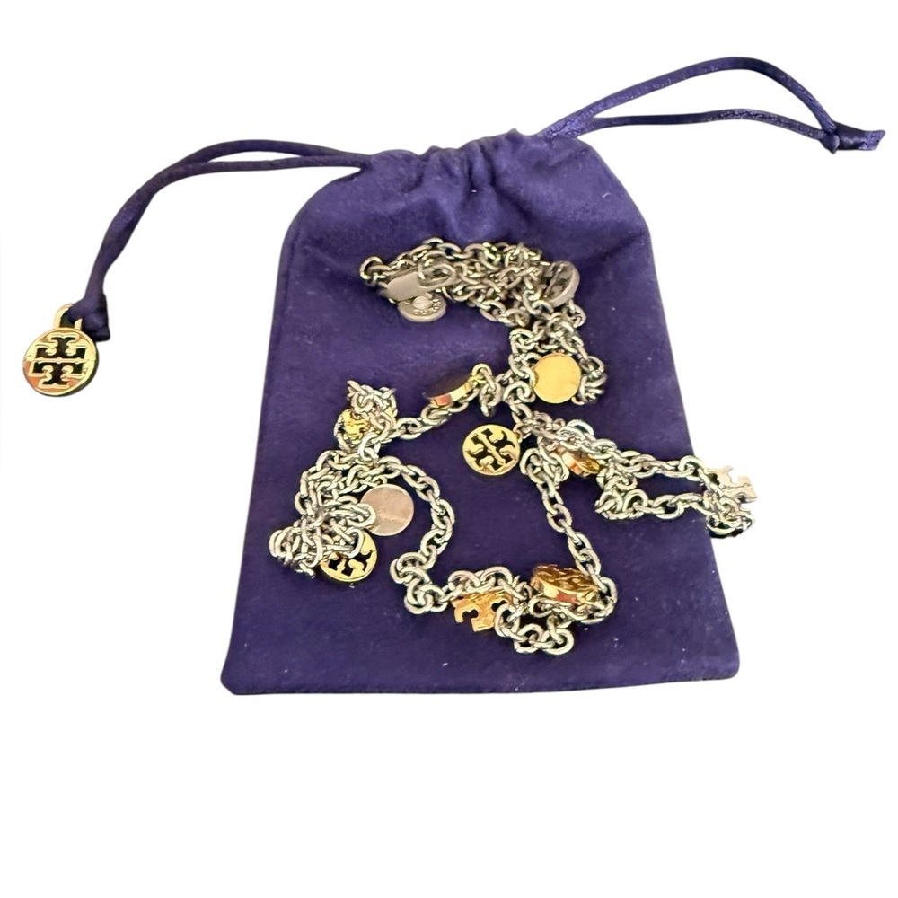 TORY BURCH Silver and Gold-Tone Long Logo Elegant Necklace with Dust Bag